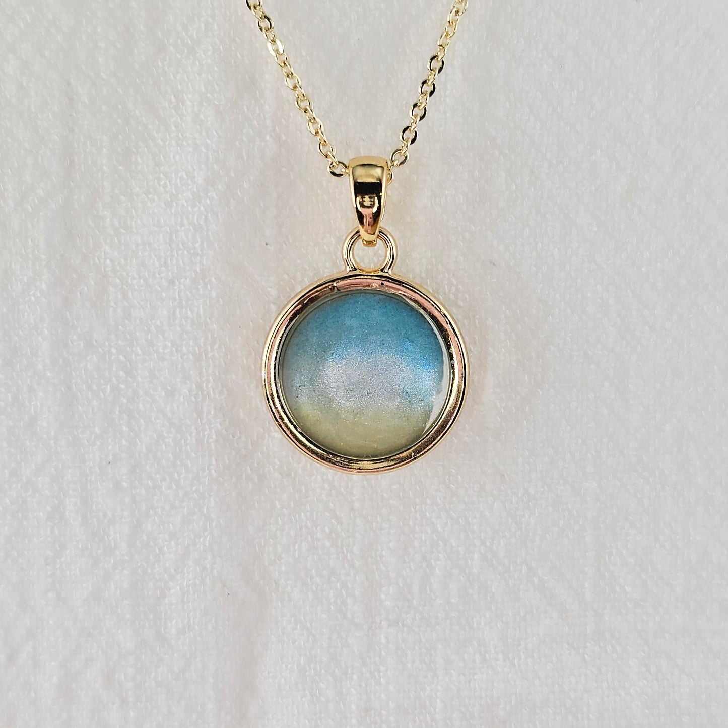 Handmade round pendant with blue and yellow shimmer, 14k gold plated chain, gift for her