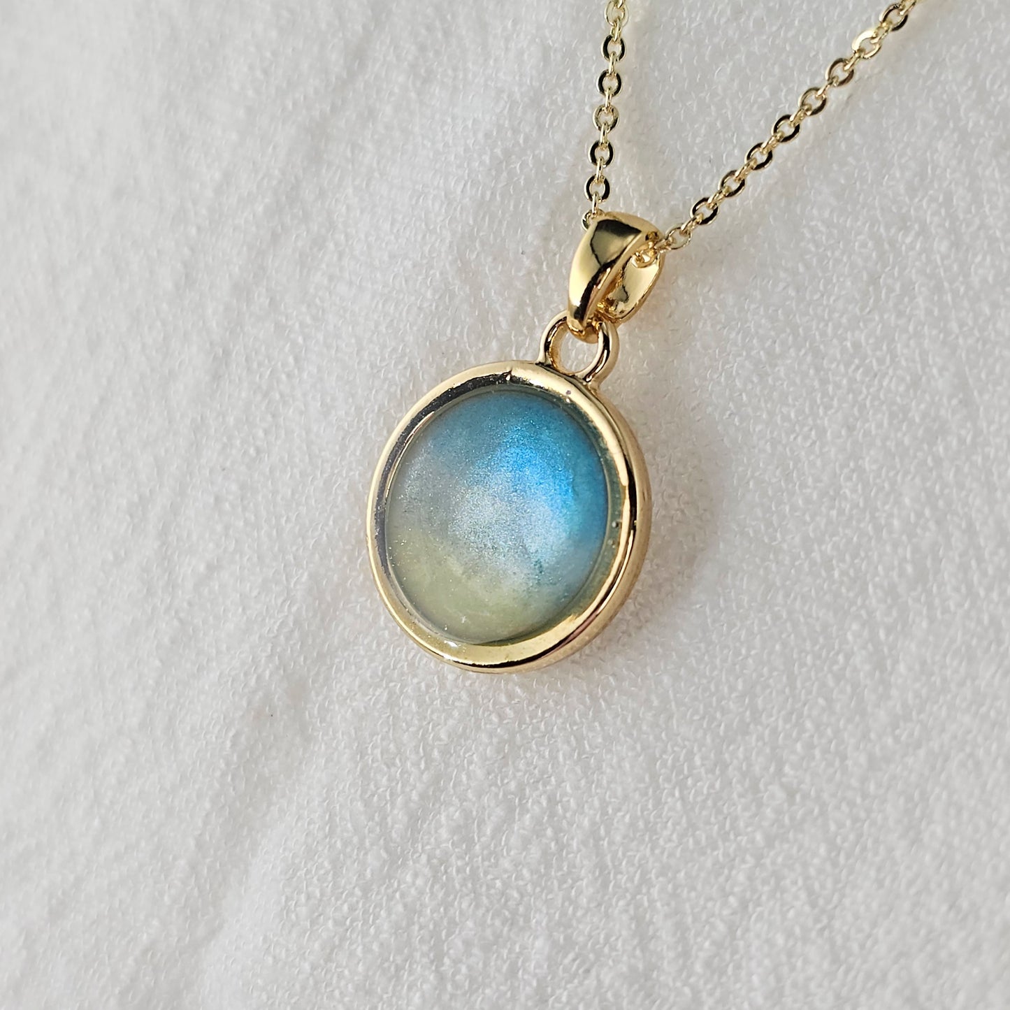 Handmade round pendant with blue and yellow shimmer, 14k gold plated chain, gift for her