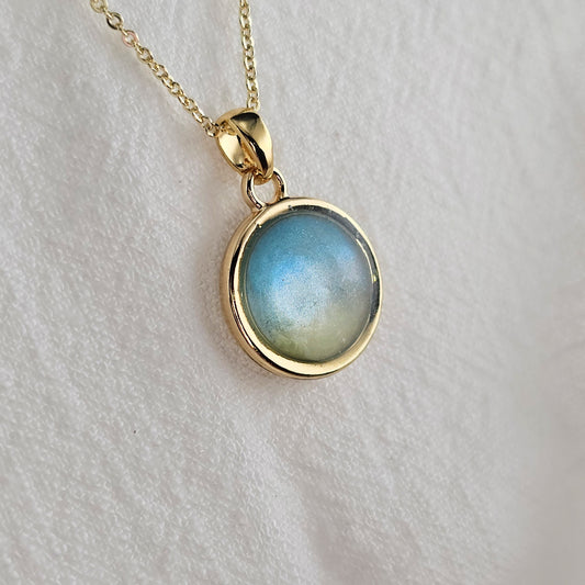 Handmade round pendant with blue and yellow shimmer, 14k gold plated chain, gift for her