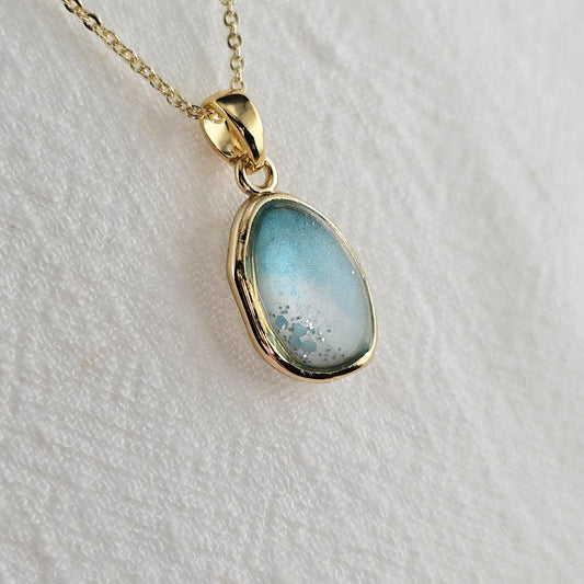 Handmade oval pendant with aquamarine and white shimmer and gold flakes, 14k gold plated chain, gift for her