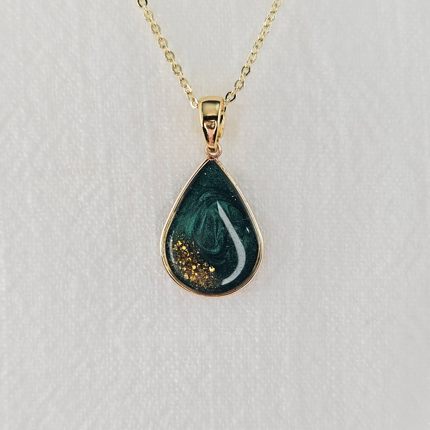 Handmade teardrop pendant with forest green swirls and gold flakes, 14k gold plated chain, gift for her