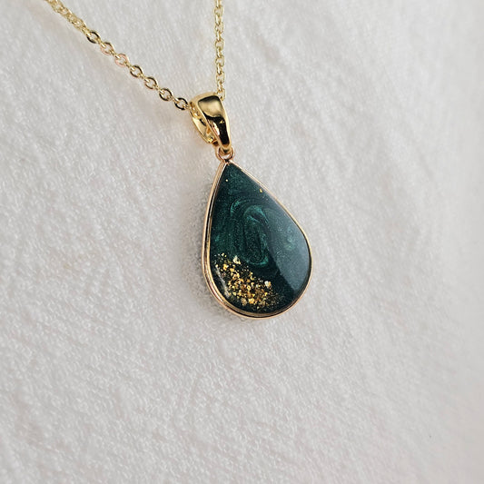 Handmade teardrop pendant with forest green swirls and gold flakes, 14k gold plated chain, gift for her