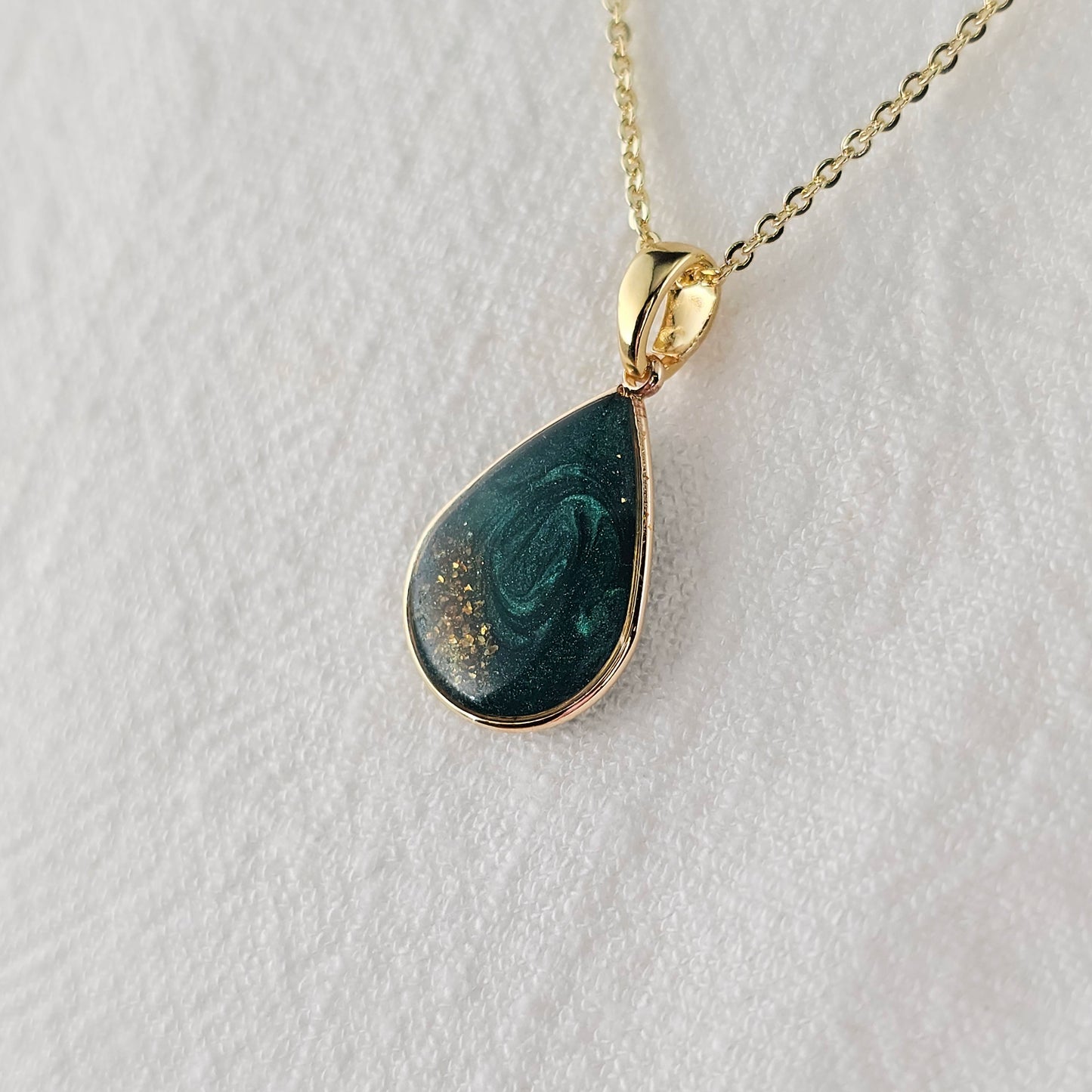 Handmade teardrop pendant with forest green swirls and gold flakes, 14k gold plated chain, gift for her
