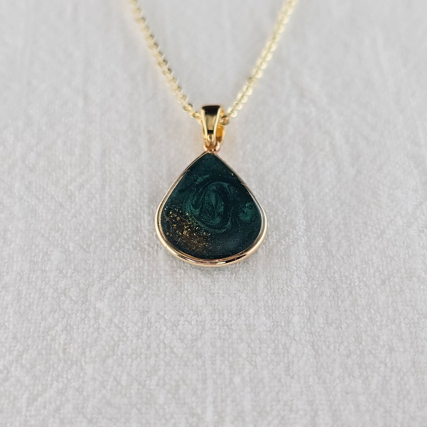 Handmade teardrop pendant with forest green swirls and gold flakes, 14k gold plated chain, gift for her