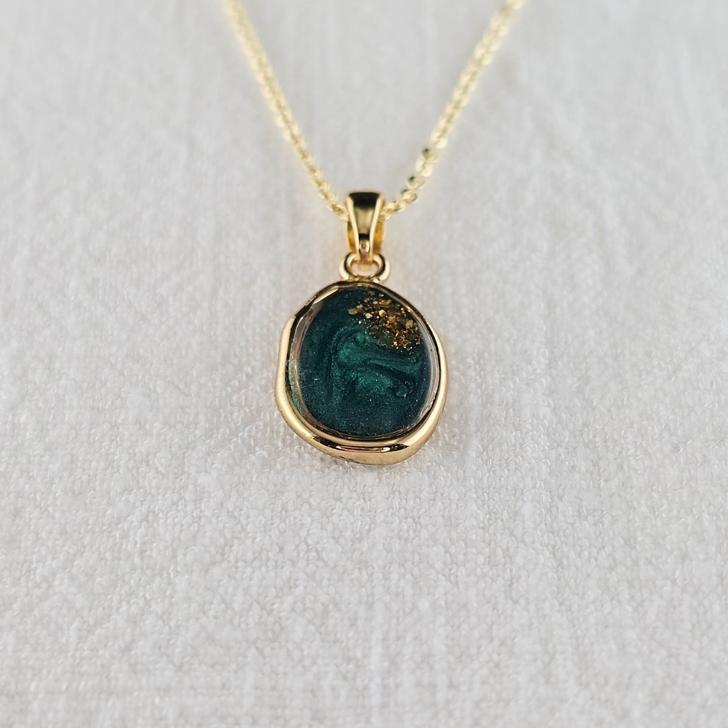 Handmade oval pendant with forest green swirls and gold flakes, 14k gold plated chain, gift for her