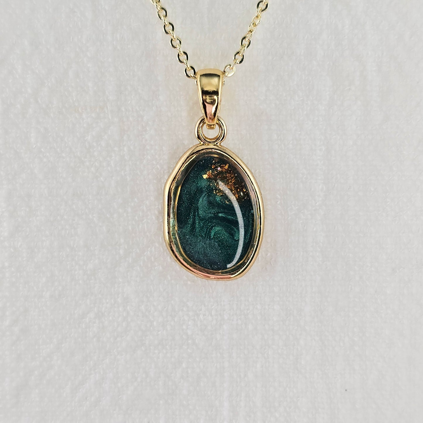 Handmade oval pendant with forest green swirls and gold flakes, 14k gold plated chain, gift for her