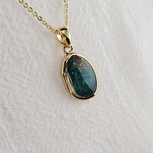 Handmade oval pendant with forest green swirls and gold flakes, 14k gold plated chain, gift for her