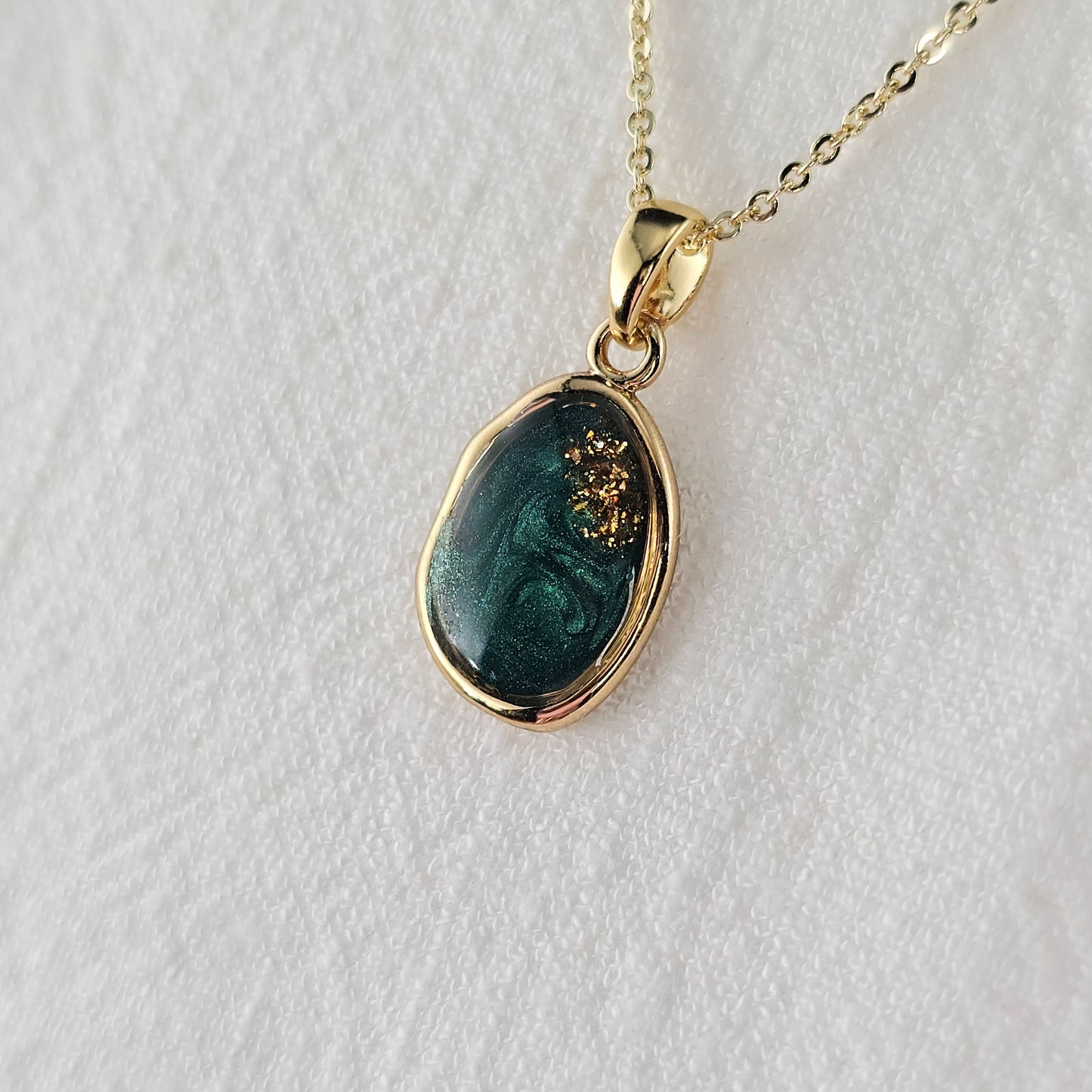 Handmade oval pendant with forest green swirls and gold flakes, 14k gold plated chain, gift for her