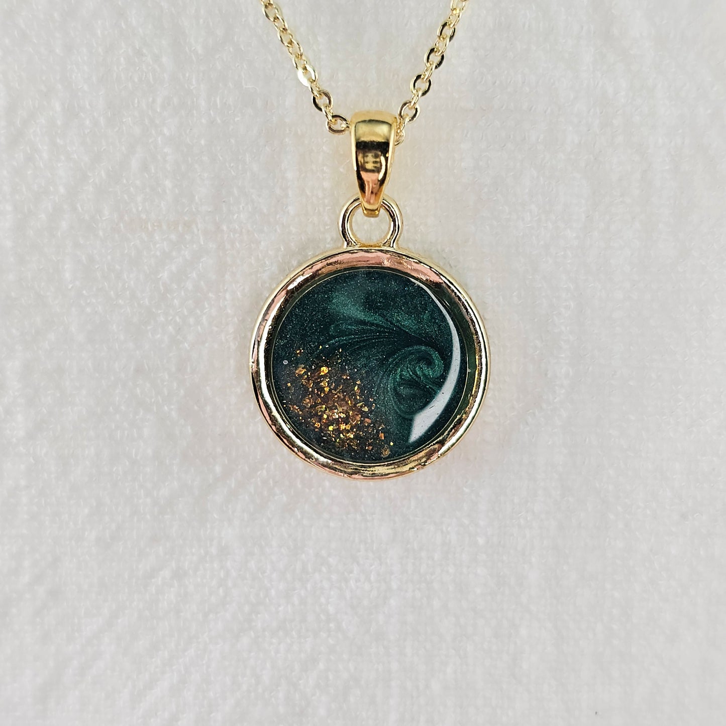 Handmade round pendant with forest green swirls and gold flakes, 14k gold plated chain, gift for her