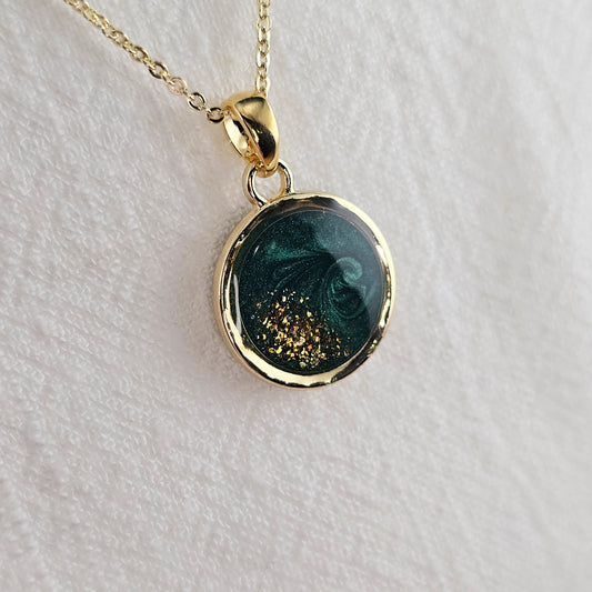 Handmade round pendant with forest green swirls and gold flakes, 14k gold plated chain, gift for her