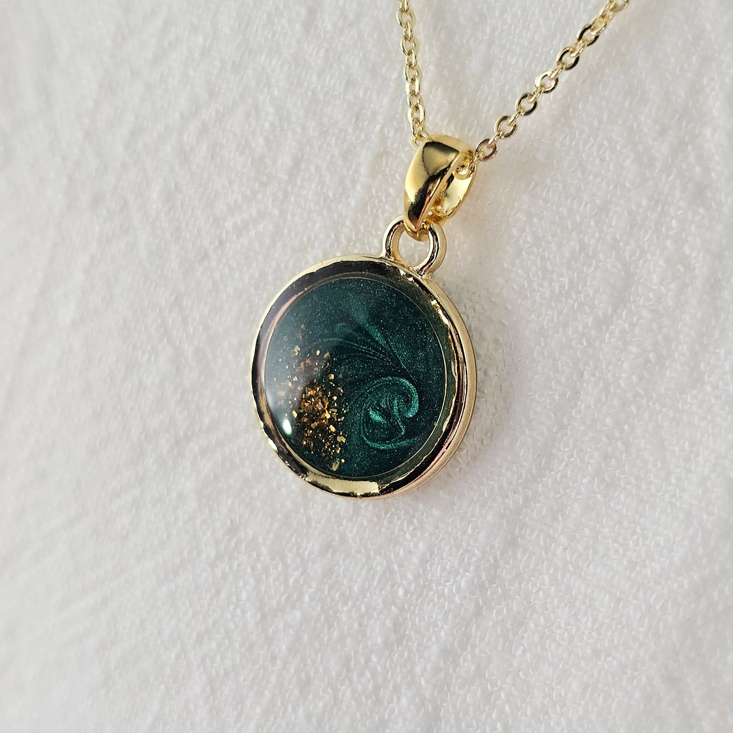 Handmade round pendant with forest green swirls and gold flakes, 14k gold plated chain, gift for her