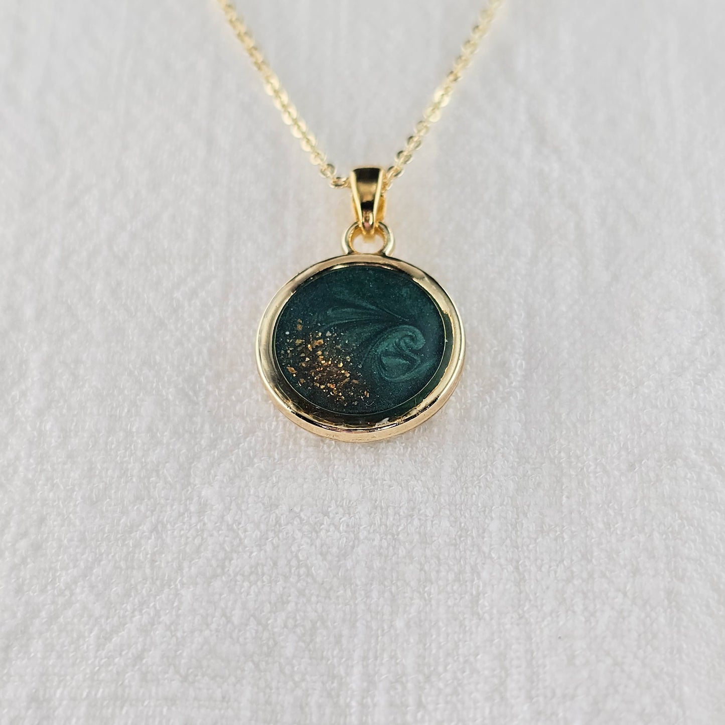 Handmade round pendant with forest green swirls and gold flakes, 14k gold plated chain, gift for her