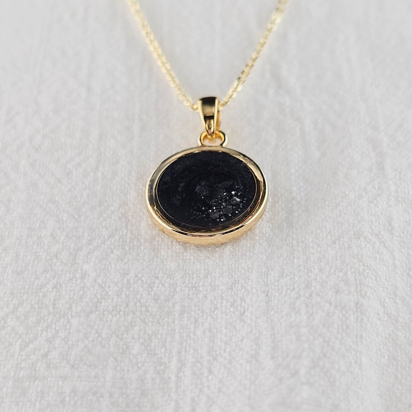 Handmade round pendant with black and grey swirls and silver flakes, 14k gold plated chain, gift for her