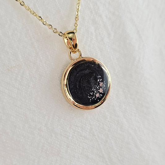 Handmade round pendant with black and grey swirls and silver flakes, 14k gold plated chain, gift for her