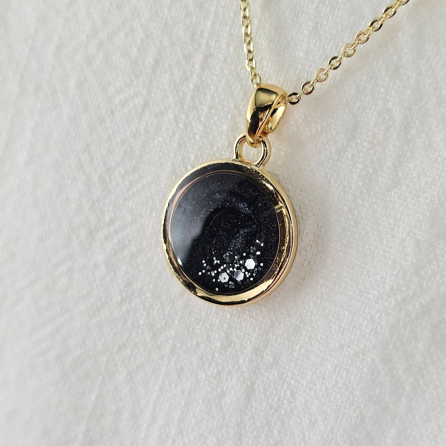 Handmade round pendant with black and grey swirls and silver flakes, 14k gold plated chain, gift for her