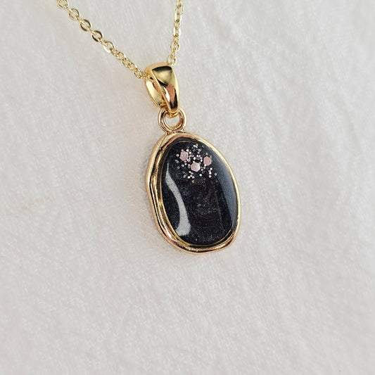 Handmade oval pendant with black and grey swirls and silver flakes, 14k gold plated chain, gift for her