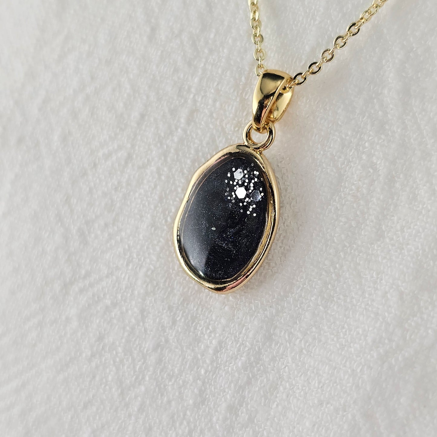Handmade oval pendant with black and grey swirls and silver flakes, 14k gold plated chain, gift for her