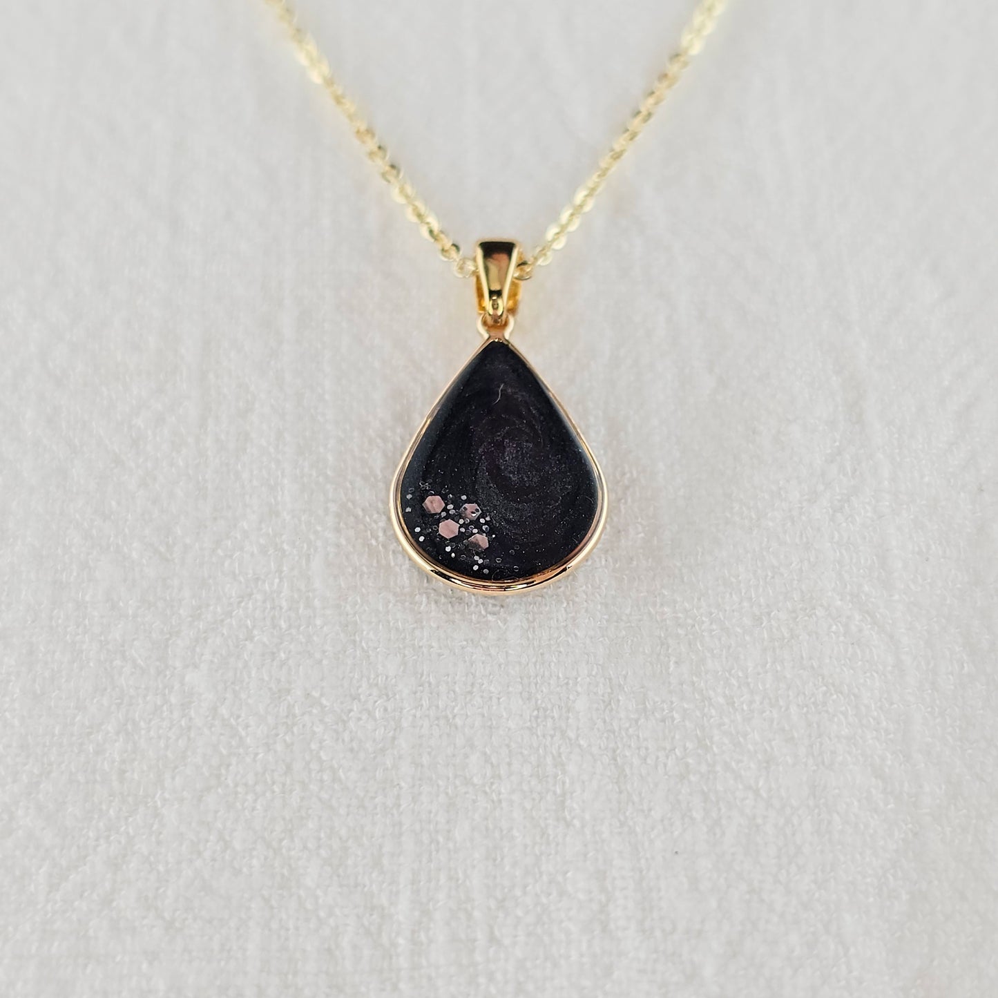 Handmade teardrop pendant with black and grey swirls and silver flakes, 14k gold plated chain, gift for her