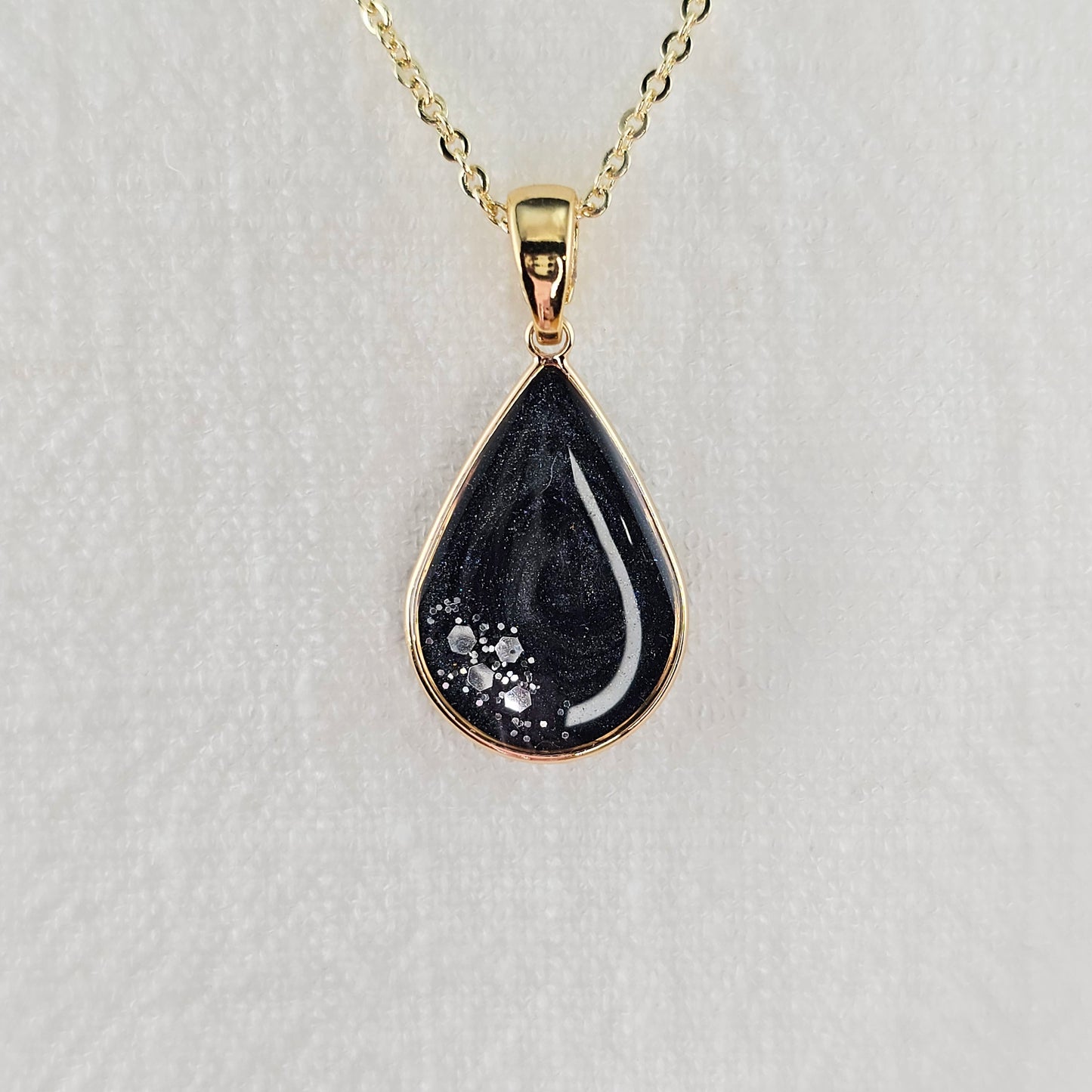 Handmade teardrop pendant with black and grey swirls and silver flakes, 14k gold plated chain, gift for her