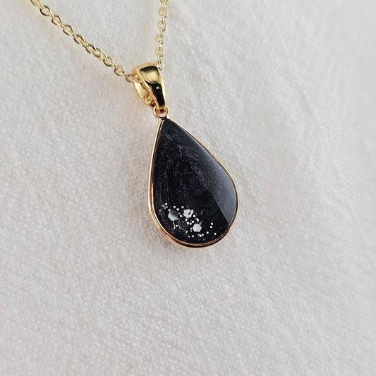 Handmade teardrop pendant with black and grey swirls and silver flakes, 14k gold plated chain, gift for her