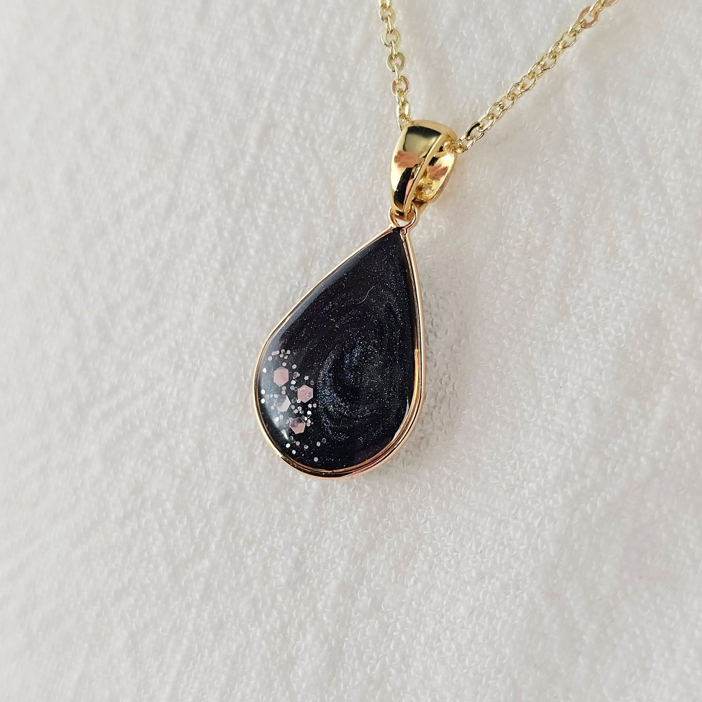 Handmade teardrop pendant with black and grey swirls and silver flakes, 14k gold plated chain, gift for her