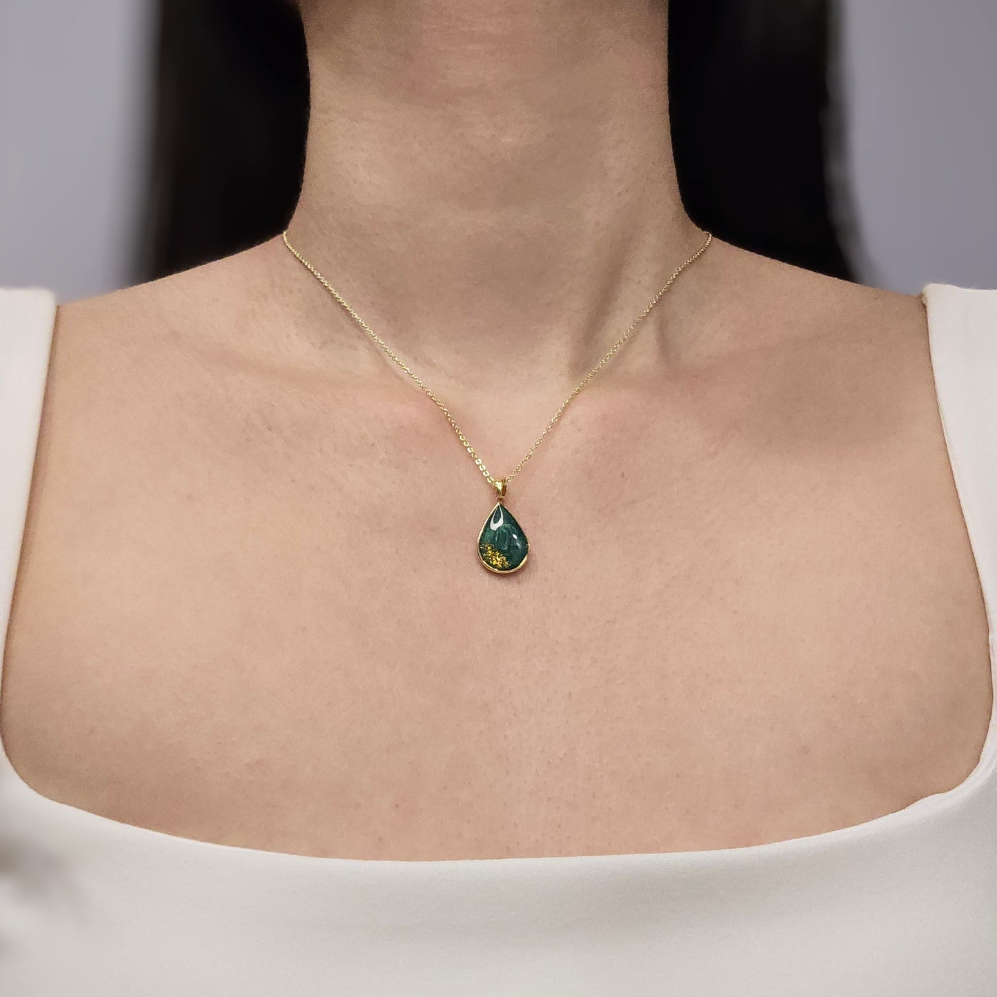 Handmade teardrop pendant with forest green swirls and gold flakes, 14k gold plated chain, gift for her