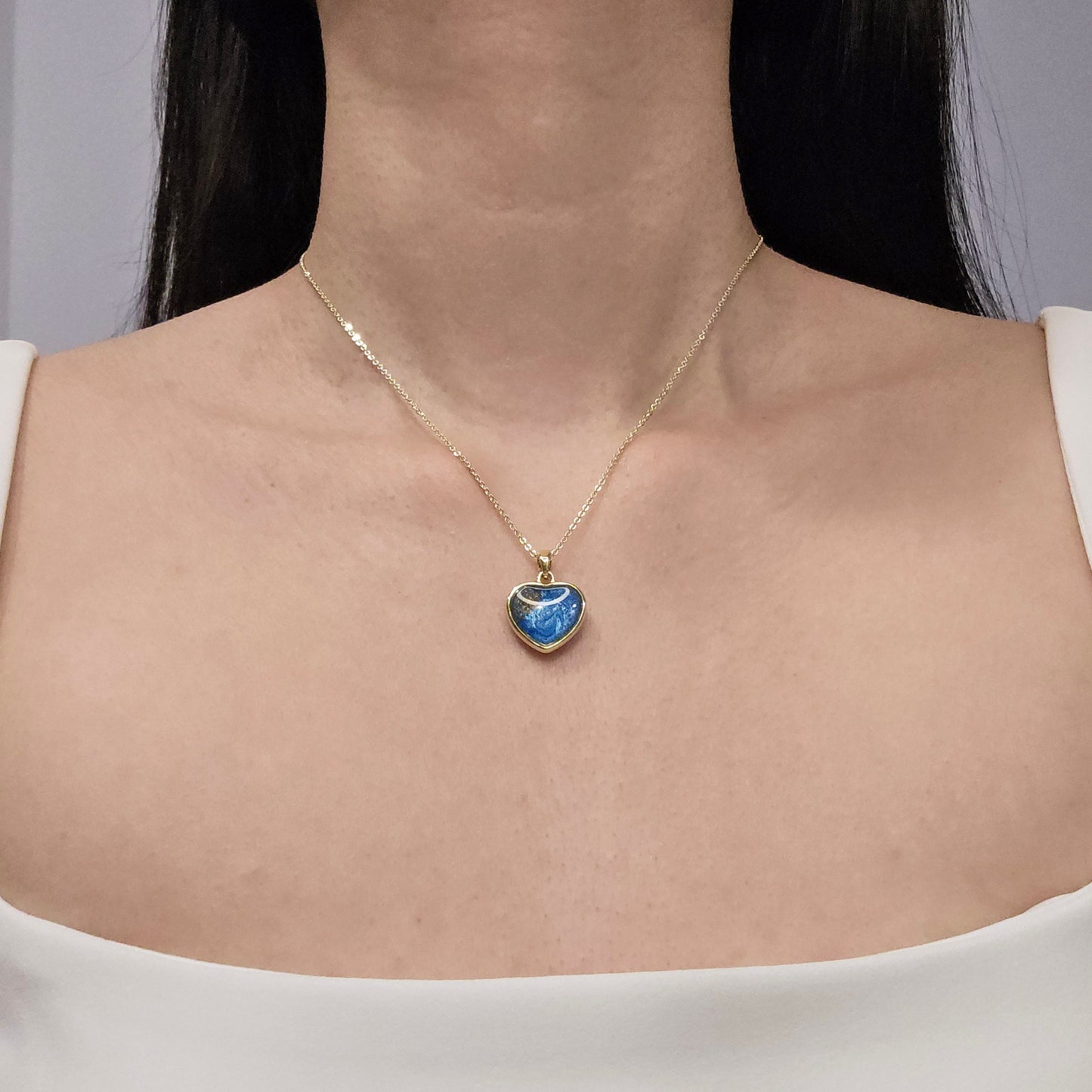Handmade heart pendant with blue shimmer and gold sparkles, 14k gold plated chain, gift for her