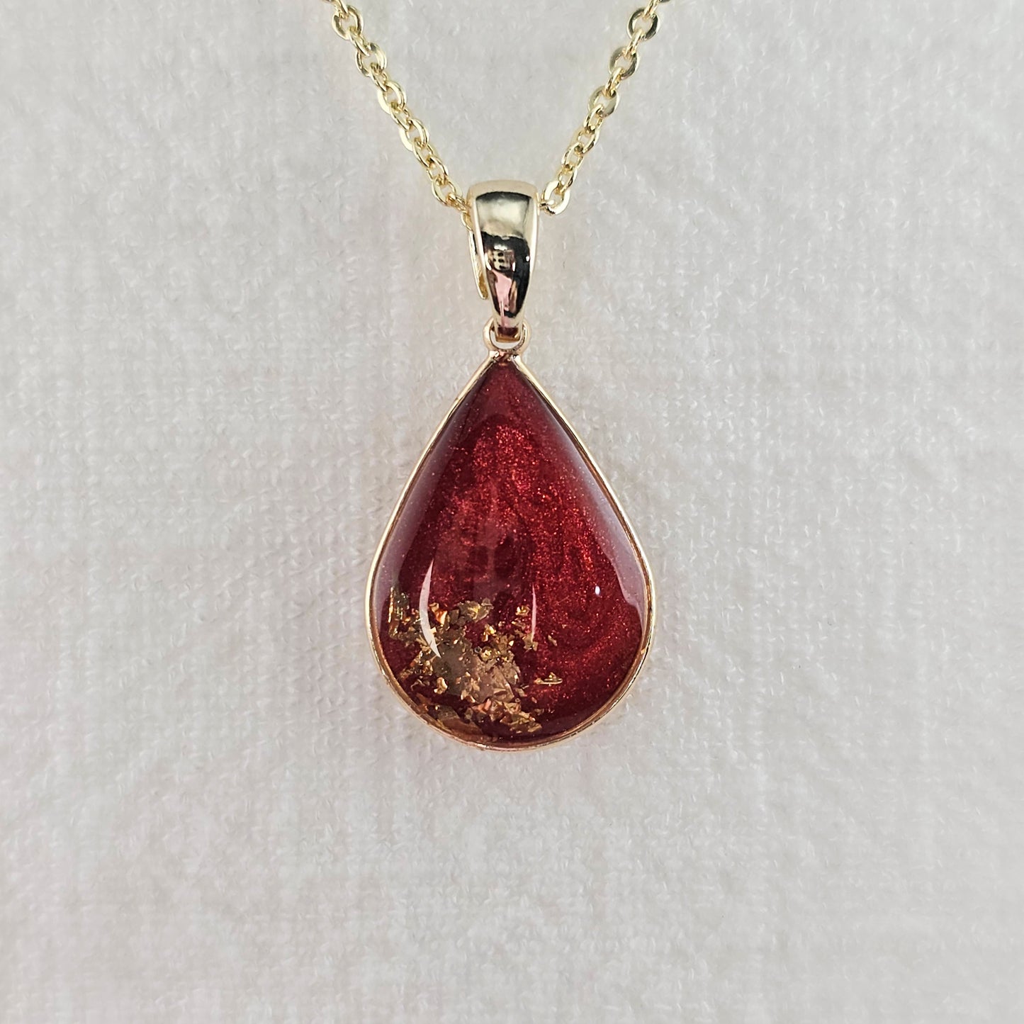 Handmade teardrop pendant with red swirls and gold foil, 14k gold plated chain, gift for her