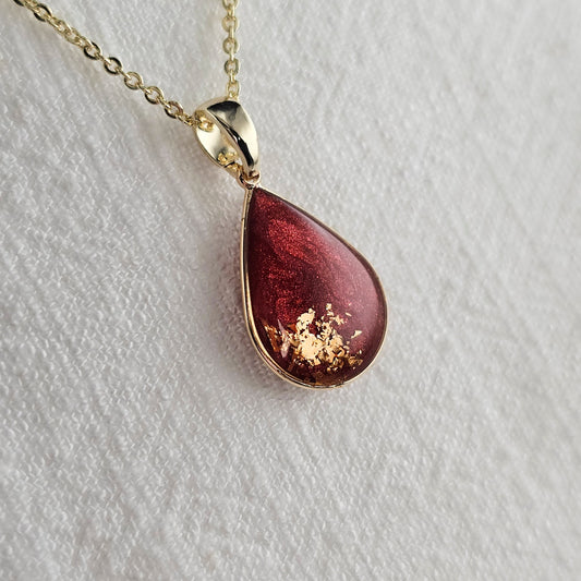 Handmade teardrop pendant with red swirls and gold foil, 14k gold plated chain, gift for her