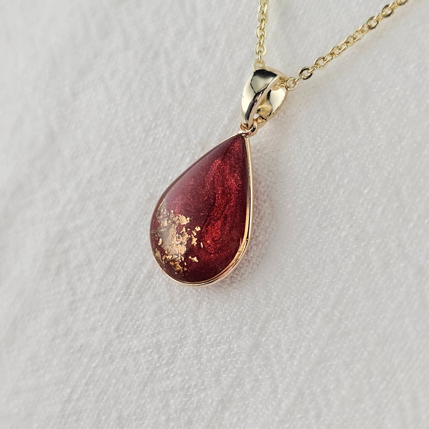 Handmade teardrop pendant with red swirls and gold foil, 14k gold plated chain, gift for her