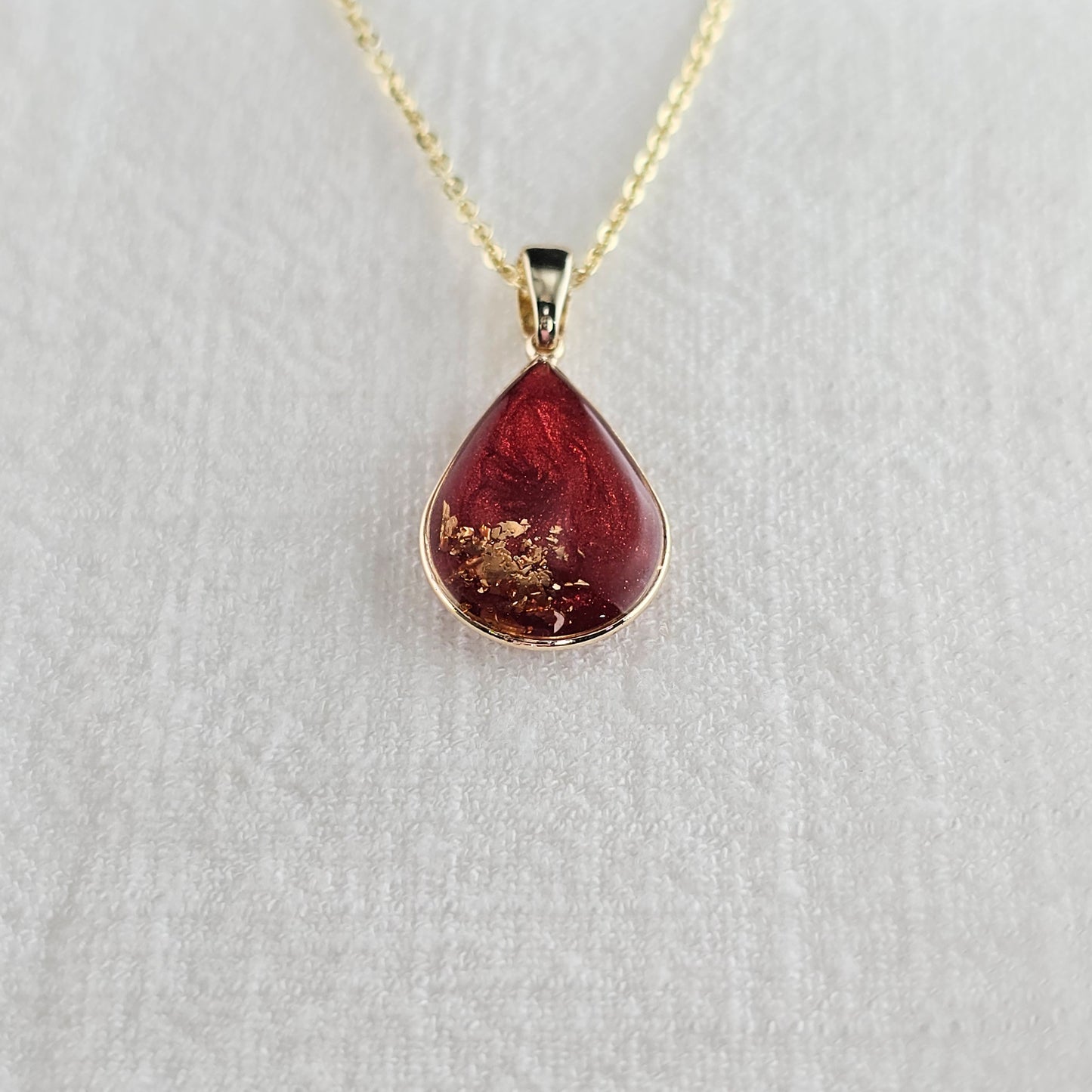 Handmade teardrop pendant with red swirls and gold foil, 14k gold plated chain, gift for her