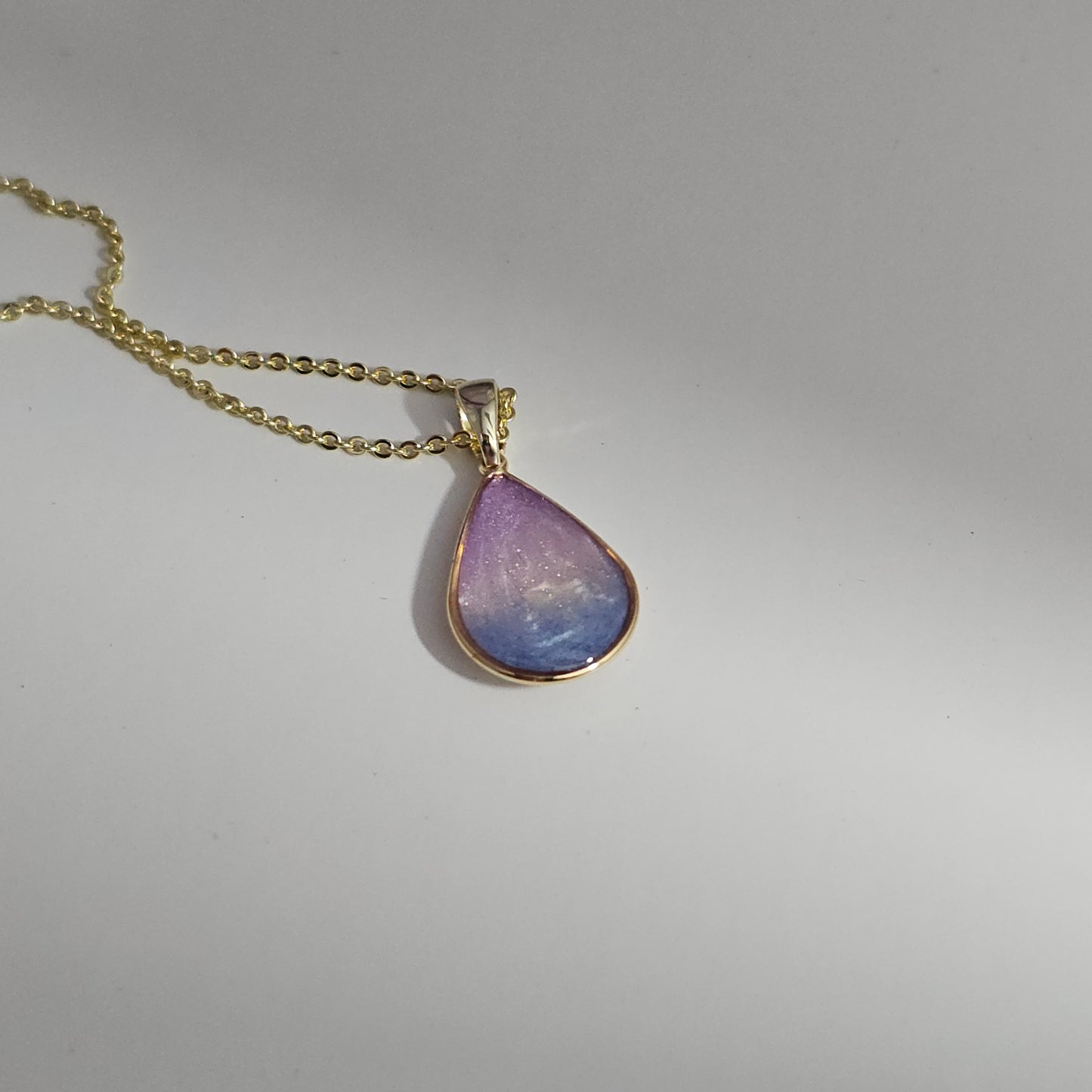 Handmade teardrop pendant with purple, pink and blue shimmer, 14k gold plated chain, gift for her