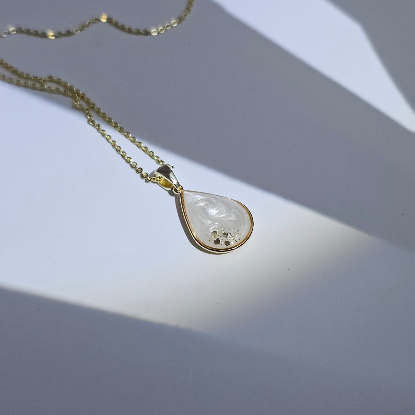 Handmade teardrop pendant with white swirls and gold flakes, 14k gold plated chain, gift for her