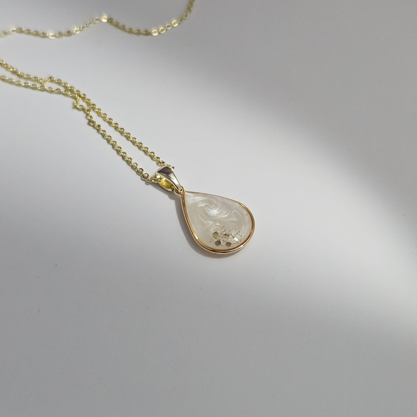 Handmade teardrop pendant with white swirls and gold flakes, 14k gold plated chain, gift for her