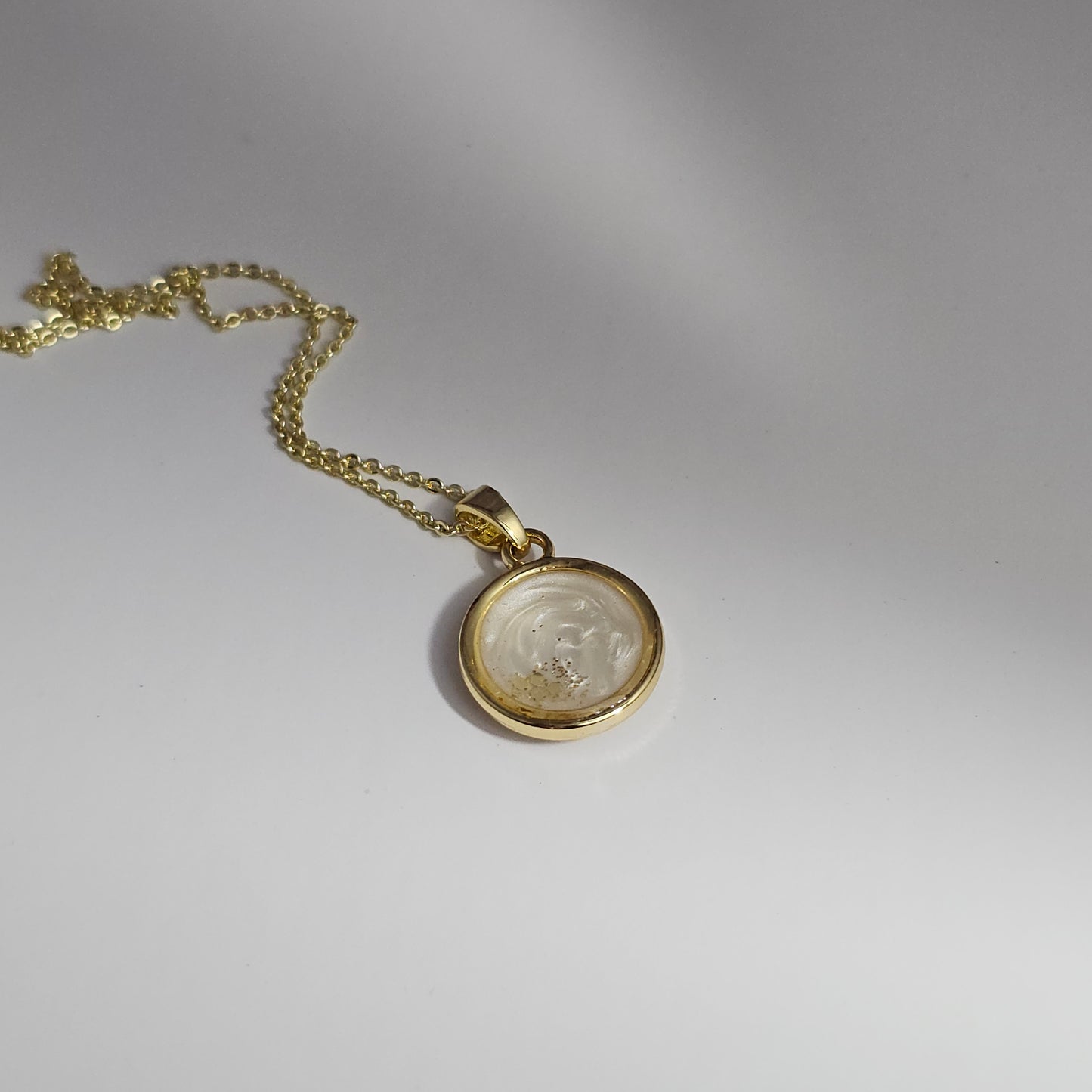 Handmade round pendant with white swirls and gold flakes, 14k gold plated chain, gift for her