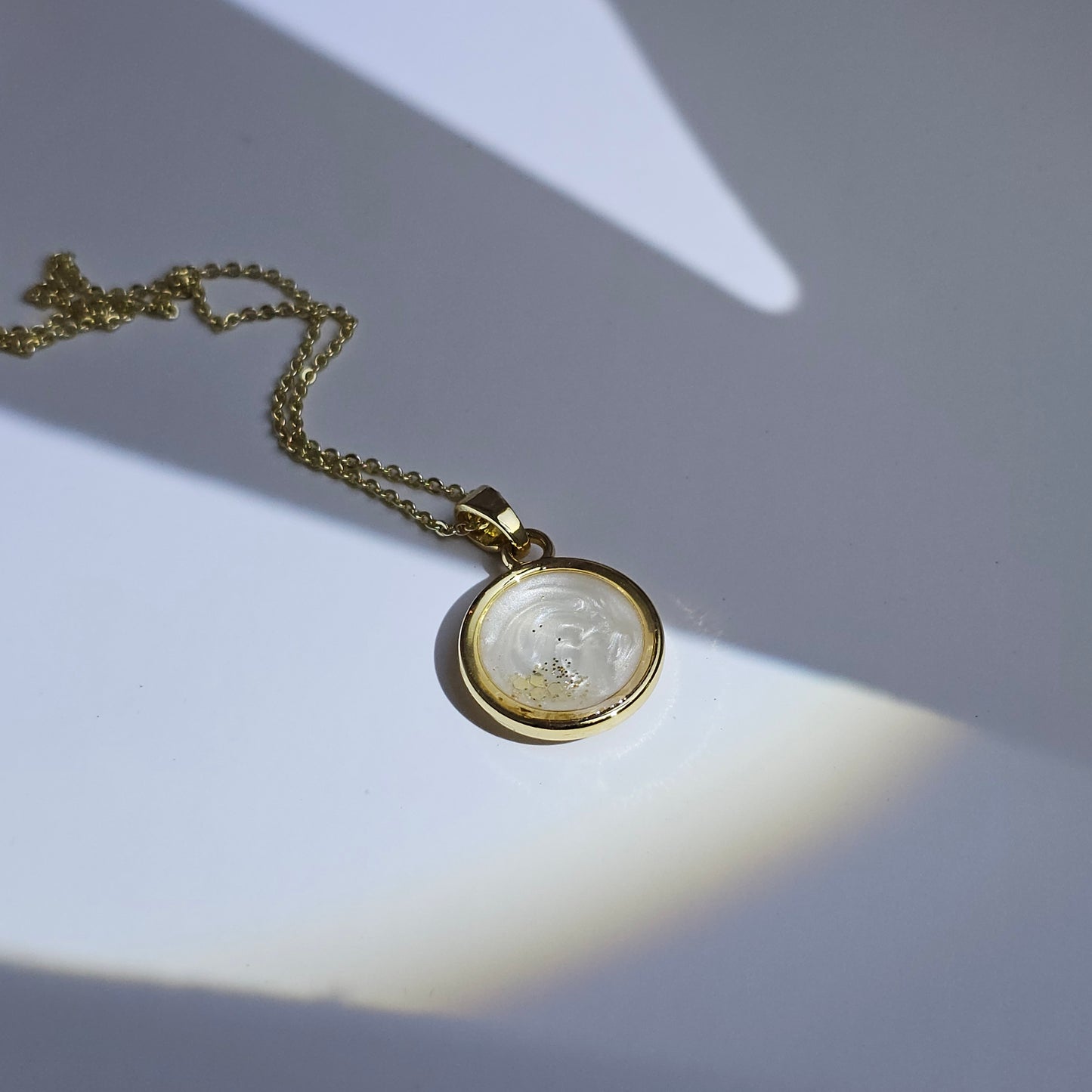 Handmade round pendant with white swirls and gold flakes, 14k gold plated chain, gift for her