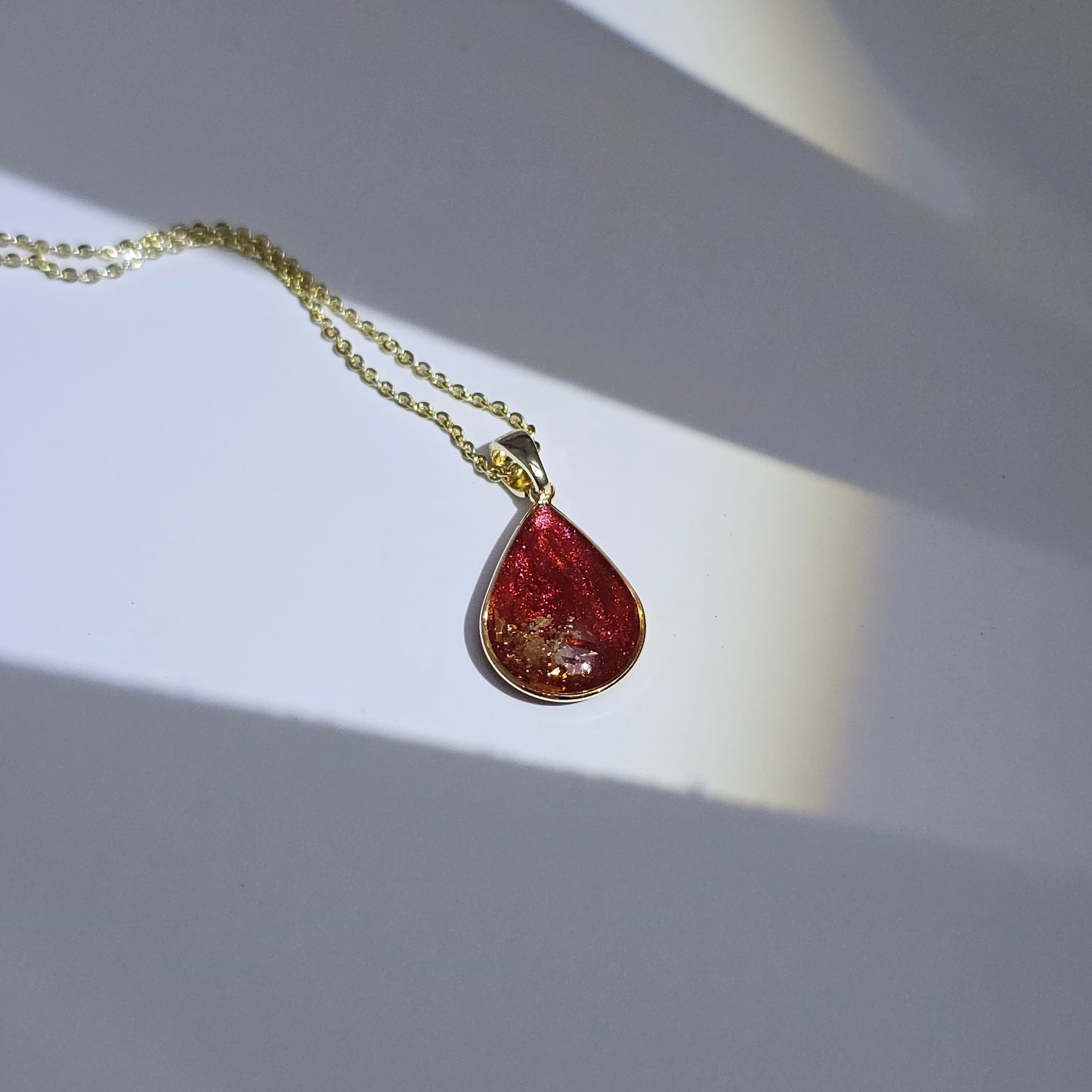 Handmade teardrop pendant with red swirls and gold foil, 14k gold plated chain, gift for her