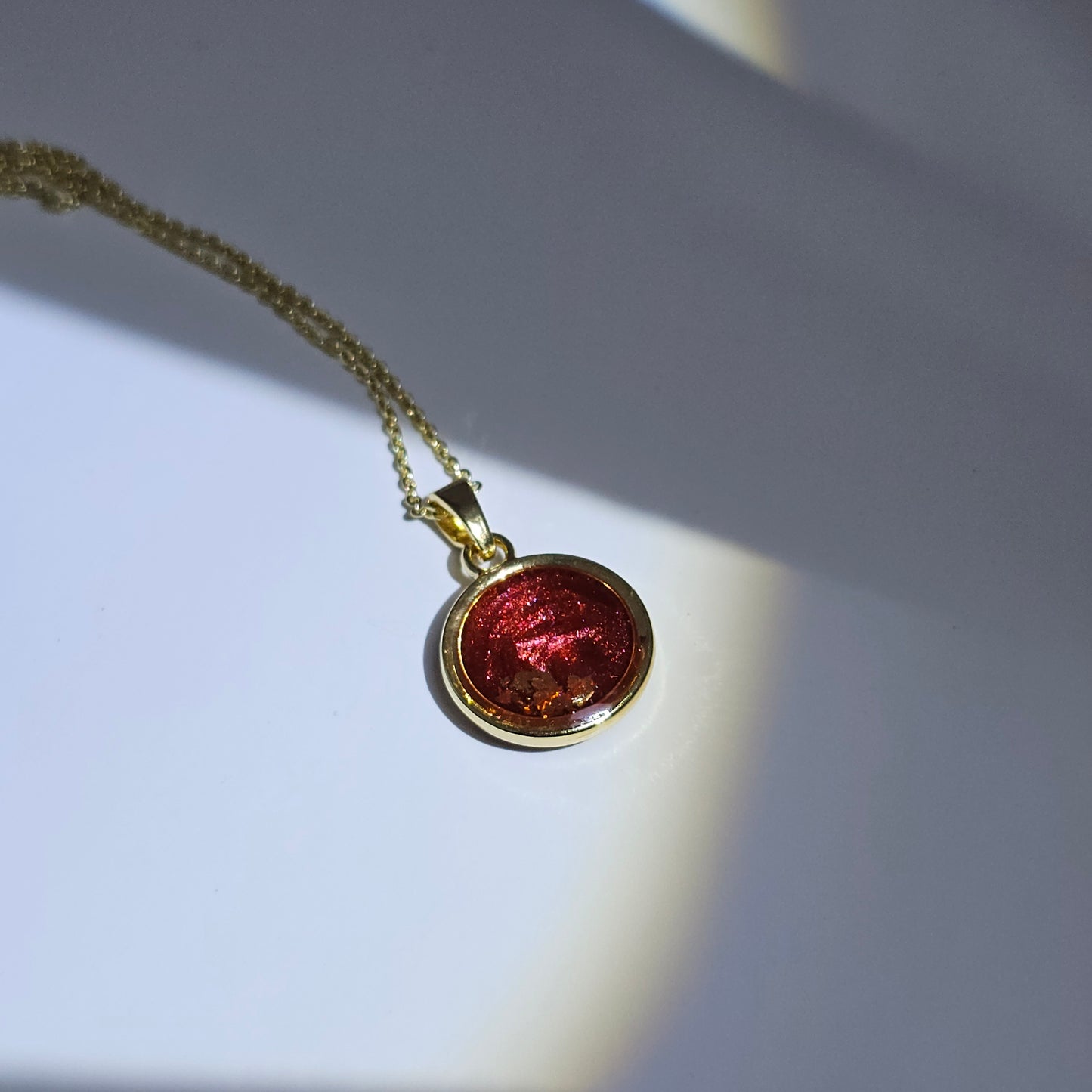 Handmade round pendant with red swirls and gold foil, 14k gold plated chain, gift for her