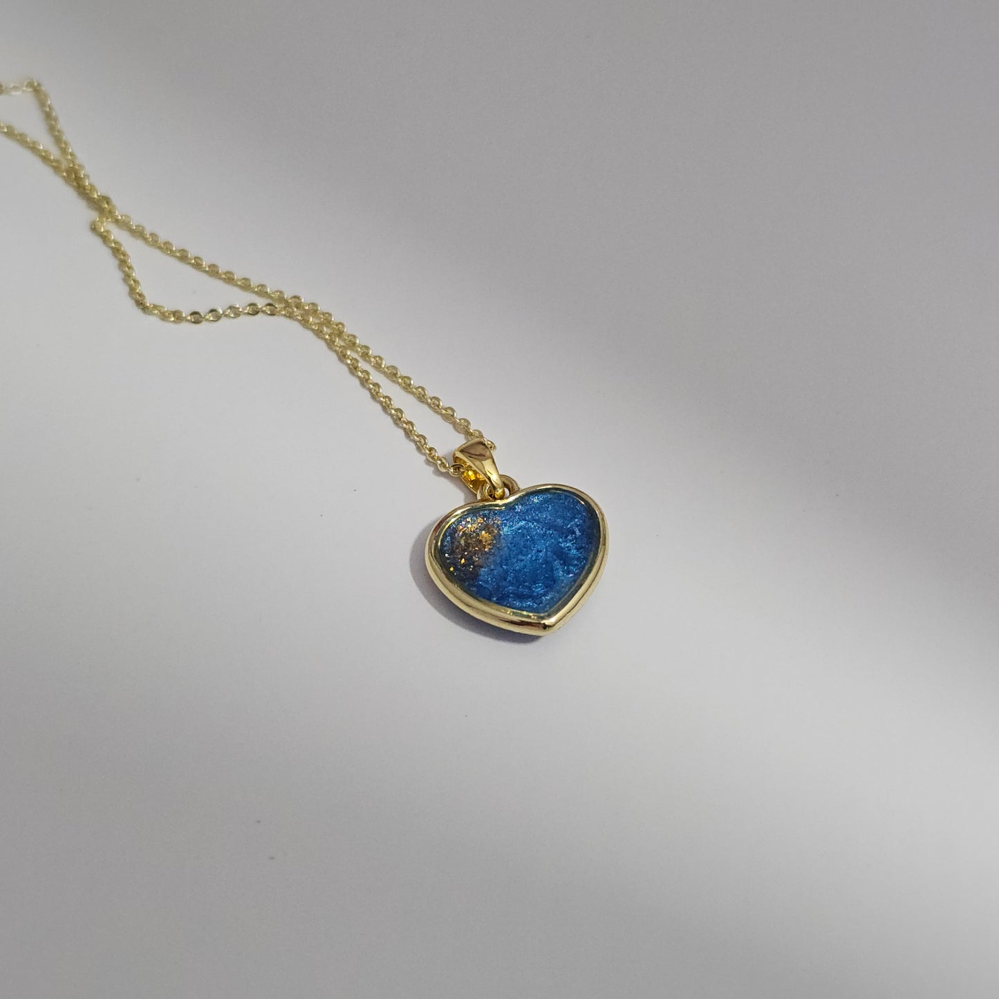 Handmade heart pendant with blue shimmer and gold sparkles, 14k gold plated chain, gift for her
