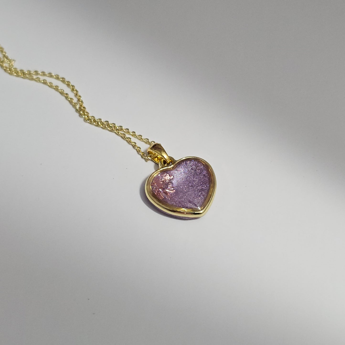 Handmade heart pendant with purple shimmer & pink foil, 14k gold plated chain, gift for her