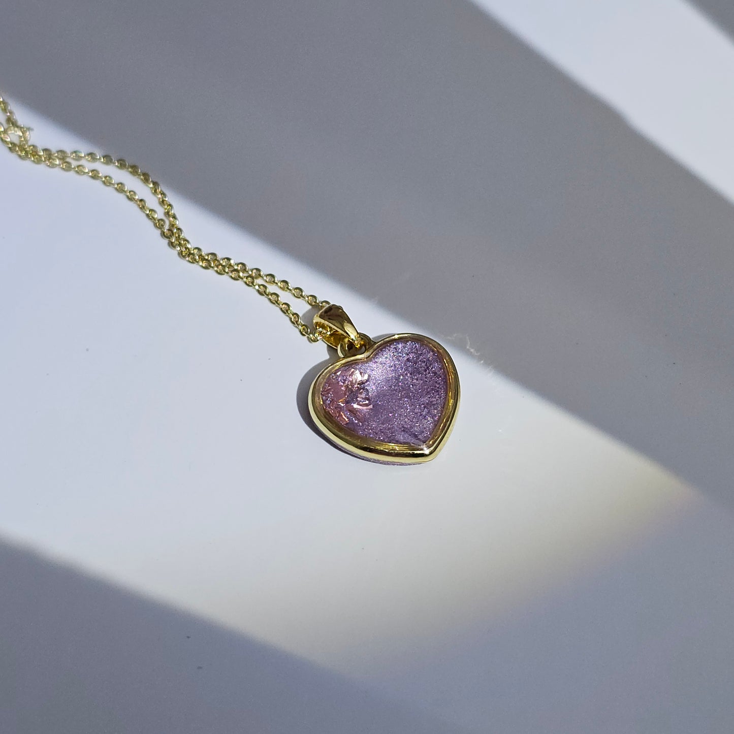 Handmade heart pendant with purple shimmer & pink foil, 14k gold plated chain, gift for her