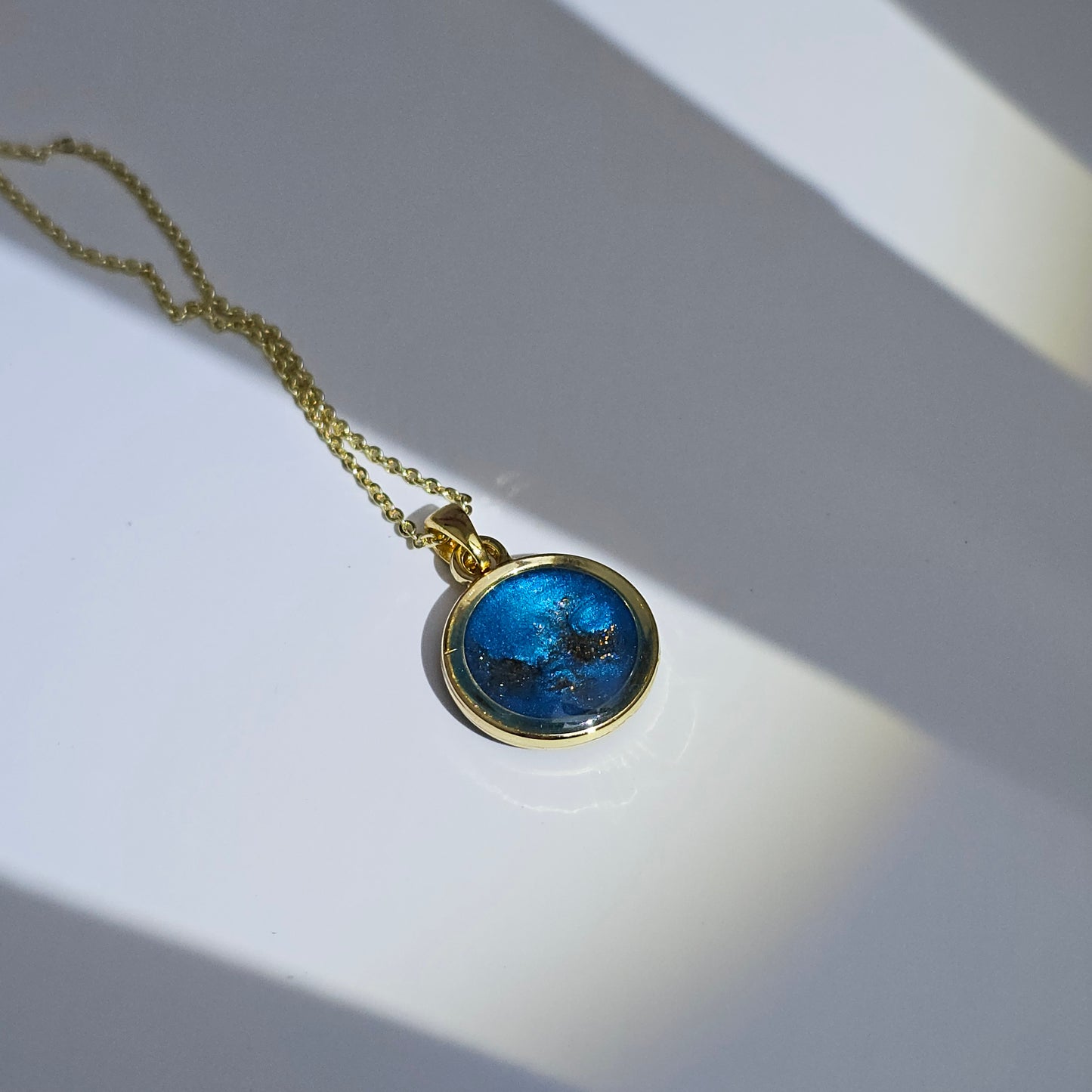 Handmade round pendant with blue shimmer and gold sparkles, 14k gold plated chain, gift for her