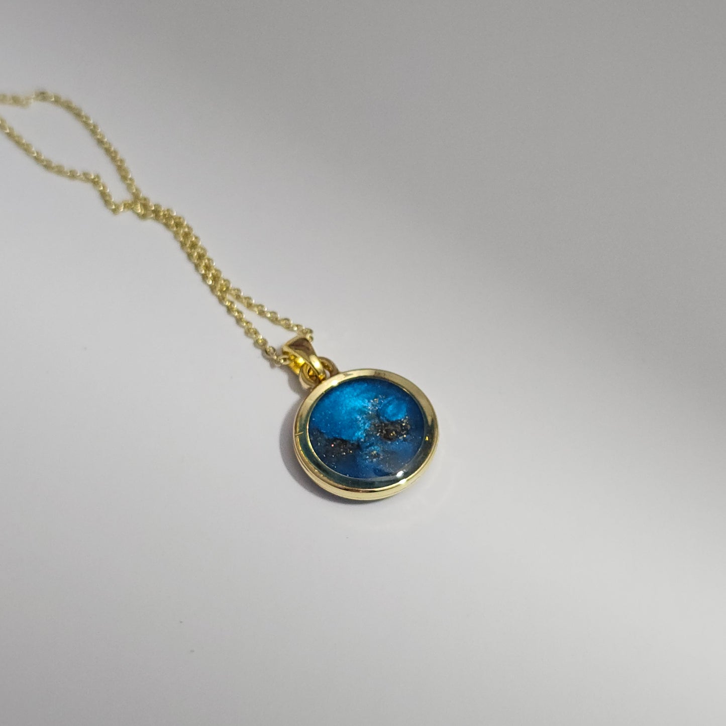 Handmade round pendant with blue shimmer and gold sparkles, 14k gold plated chain, gift for her