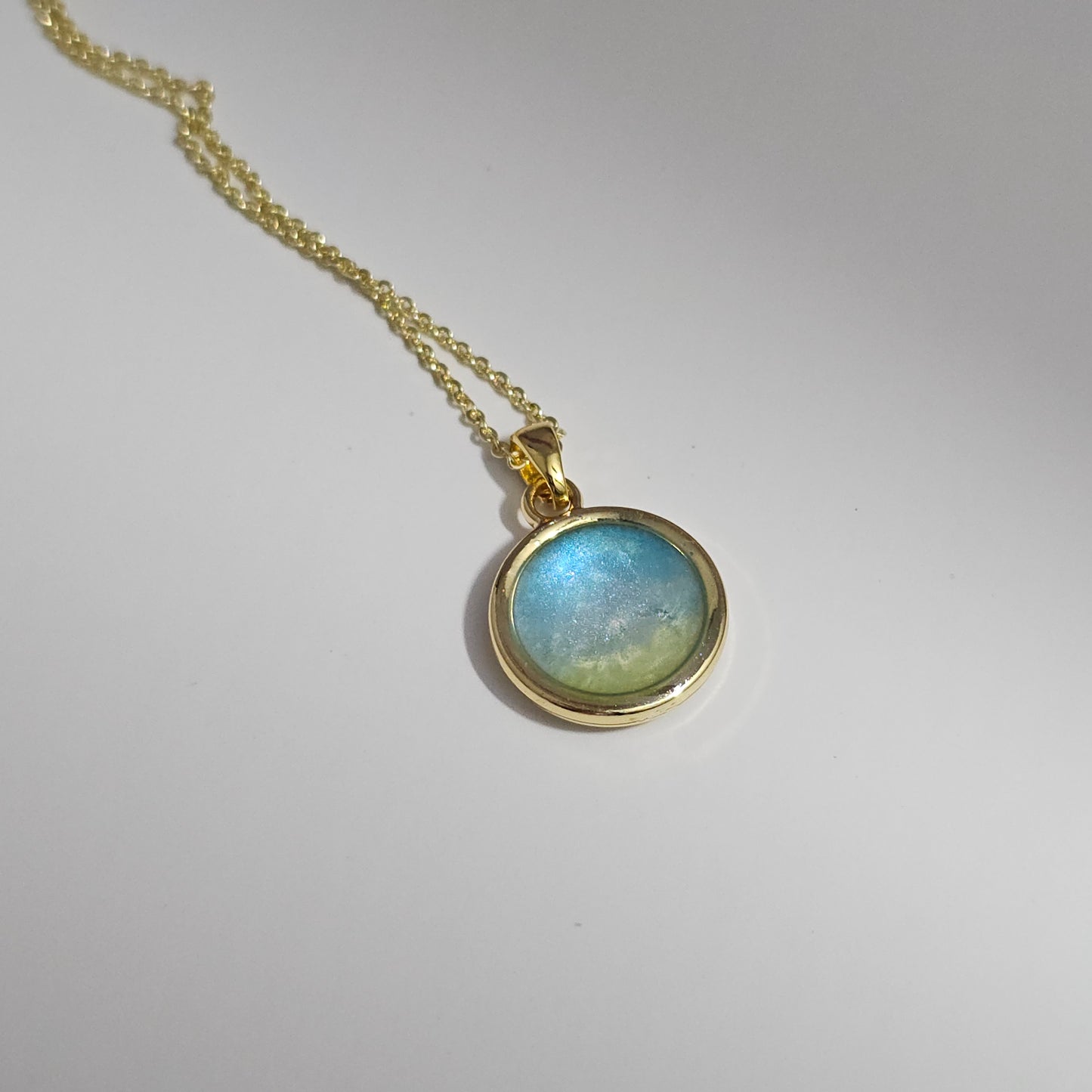 Handmade round pendant with blue and yellow shimmer, 14k gold plated chain, gift for her