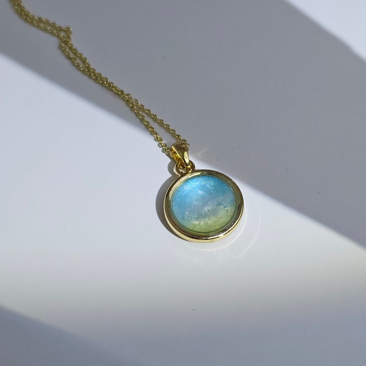 Handmade round pendant with blue and yellow shimmer, 14k gold plated chain, gift for her