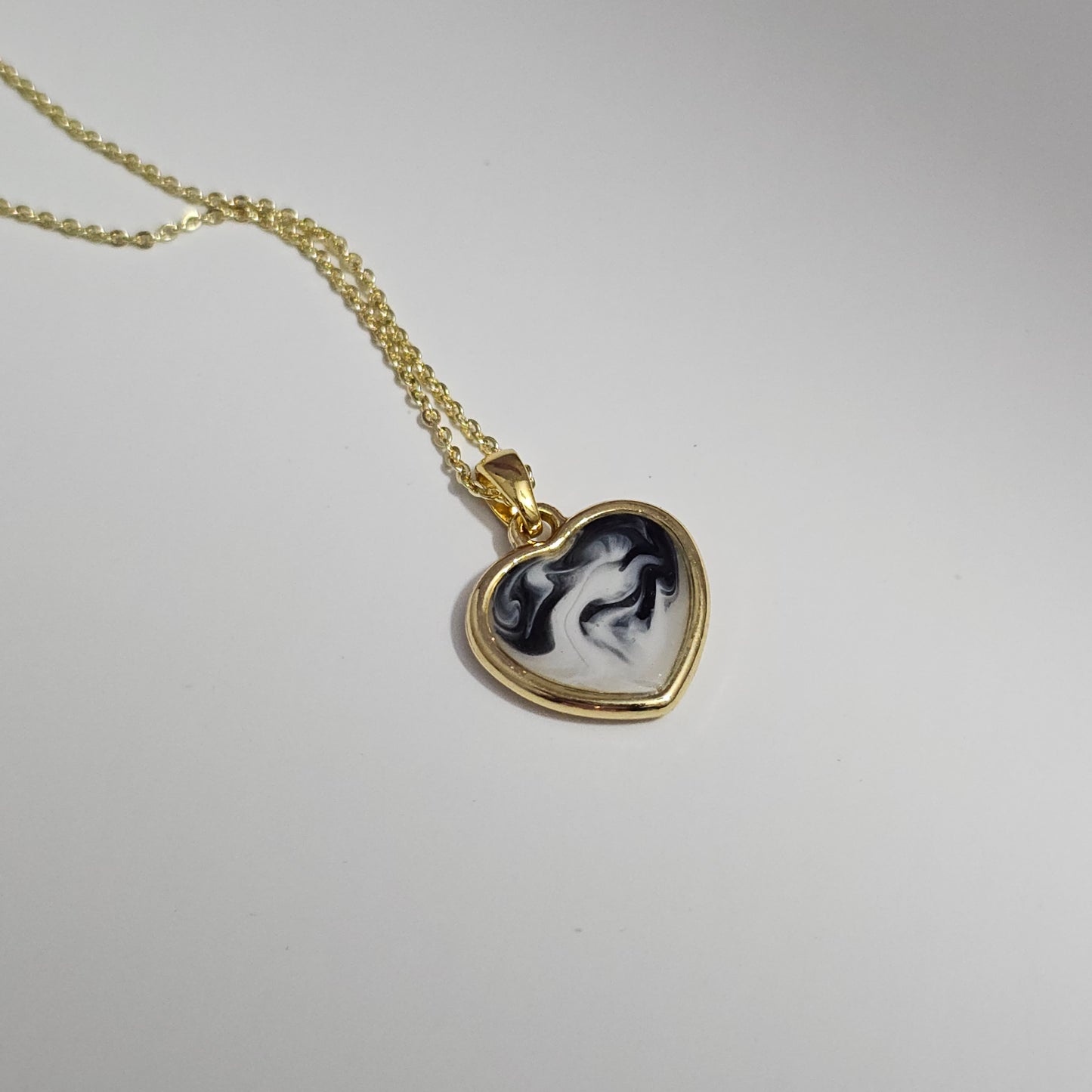 Handmade heart pendant with black and white swirls, 14k gold plated chain, gift for her
