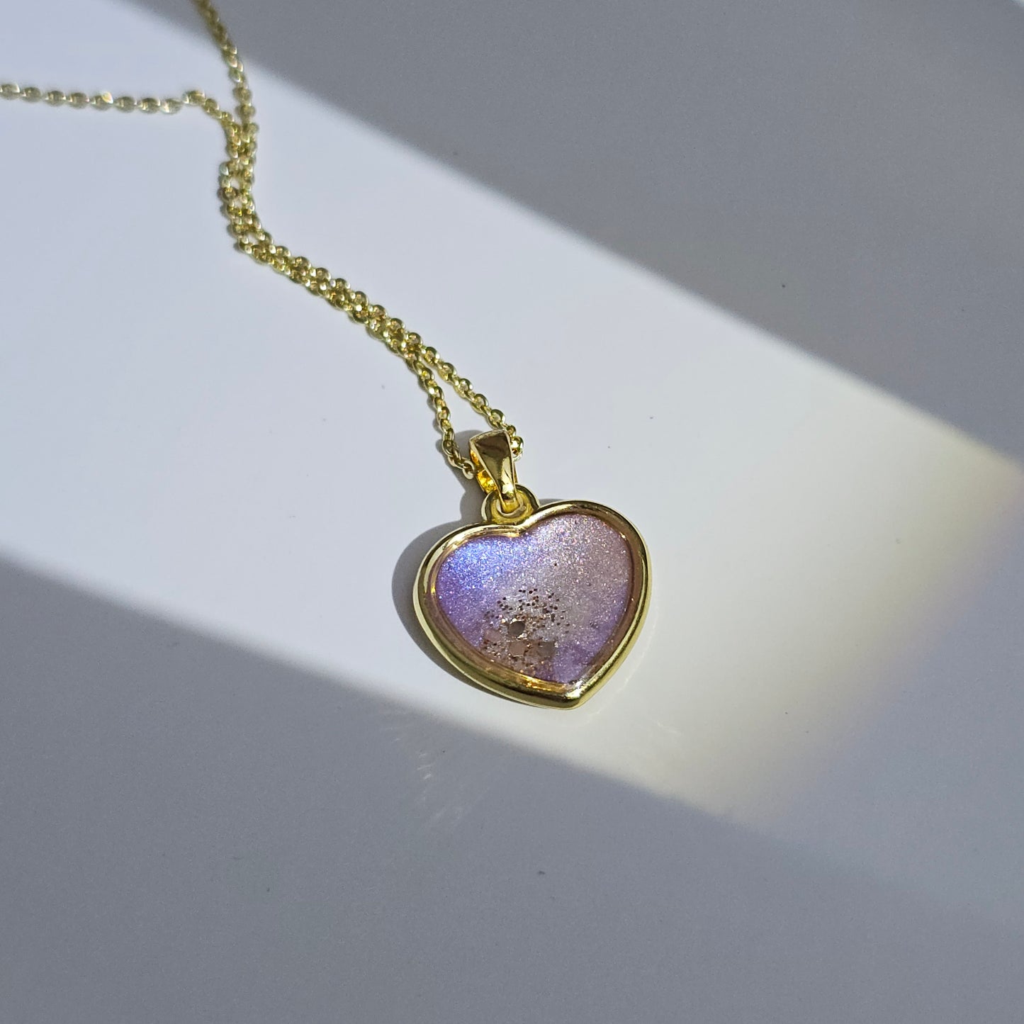 Handmade heart pendant with purple and white shimmer and gold flakes, 14k gold plated chain, gift for her