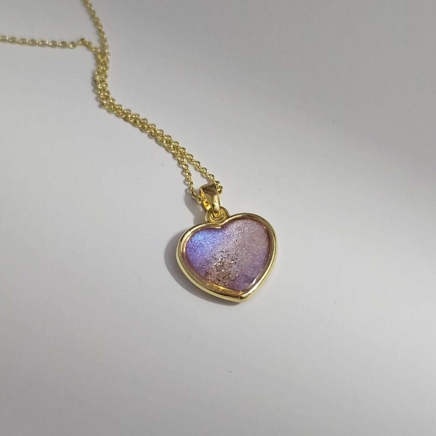Handmade heart pendant with purple and white shimmer and gold flakes, 14k gold plated chain, gift for her