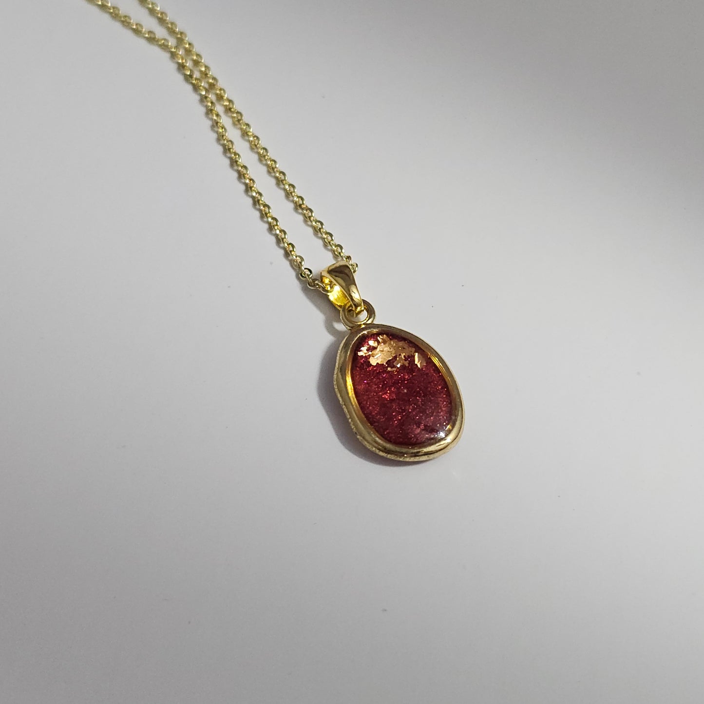 Handmade oval pendant with red shimmer and gold foil, 14k gold plated chain, gift for her