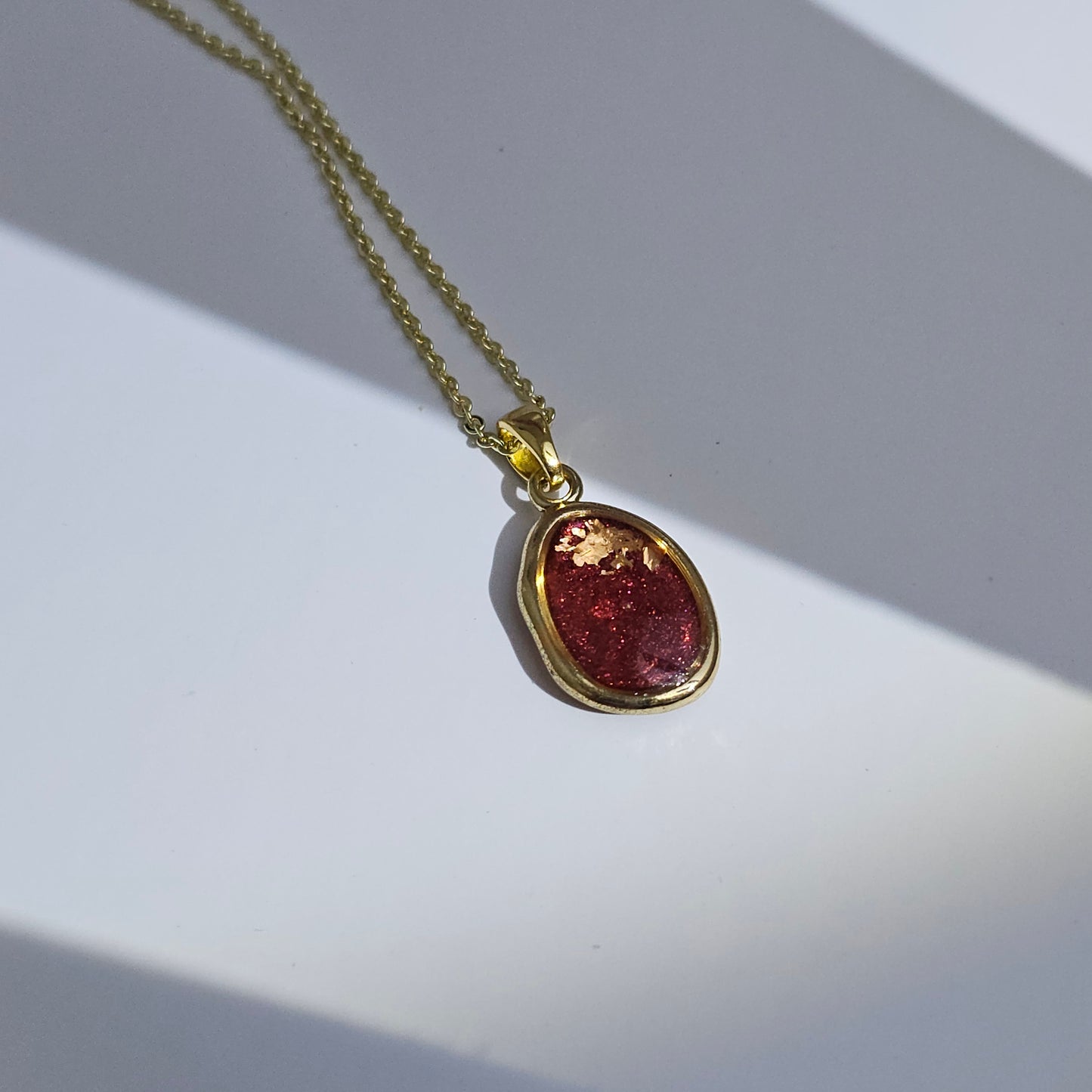 Handmade oval pendant with red shimmer and gold foil, 14k gold plated chain, gift for her